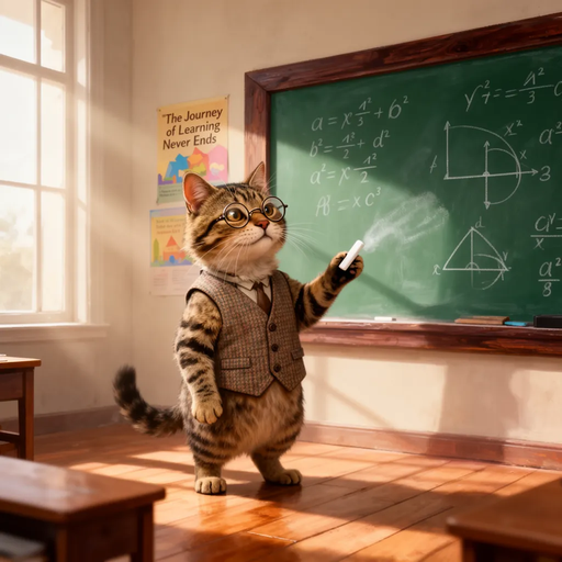 A teacher cat in front of a blackboard (Flux)