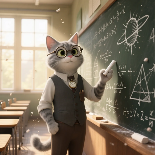 A teacher cat in front of a blackboard (Qwen)